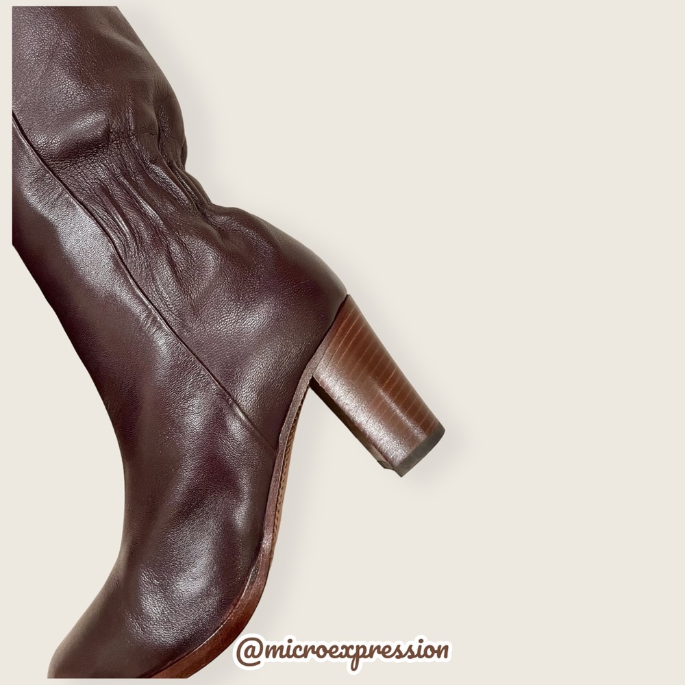 $399 Frye June Slouch Knee High Brown Leather Heeled Pull On Tall Winter Boots - Picture 12 of 16